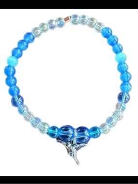 Hummingbird stretch bracelet Handmade Blue glass beads